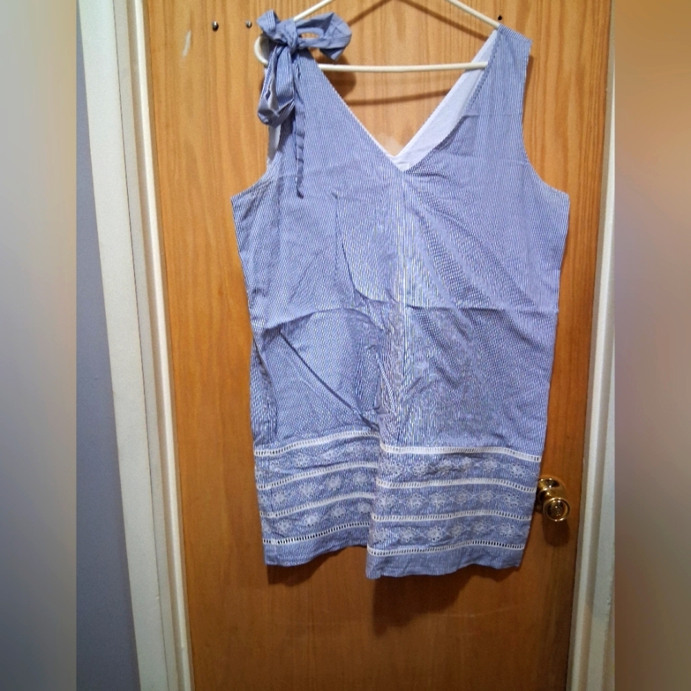 Vineyard Vines Blue & White Striped Midi Dress with Tie Shoulder and Lace Trim
